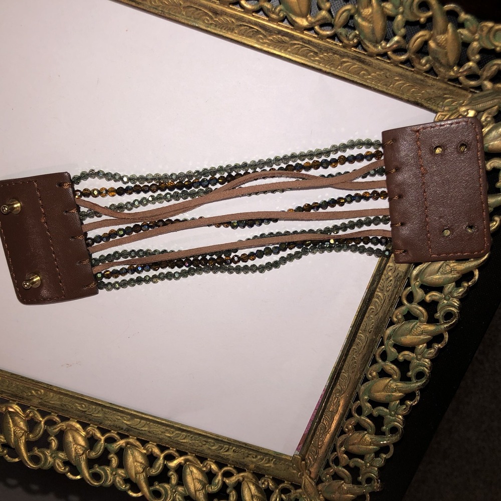 Leather & Crystal Cuff Wide Bracelet Brown Leather Green AB Crystal Multi Strand - Picture 5 of 12